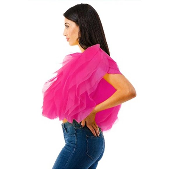 Yellow Ruffle Tulle Crop Top Blouse – Statement Organza Top - Picture 7 of 9